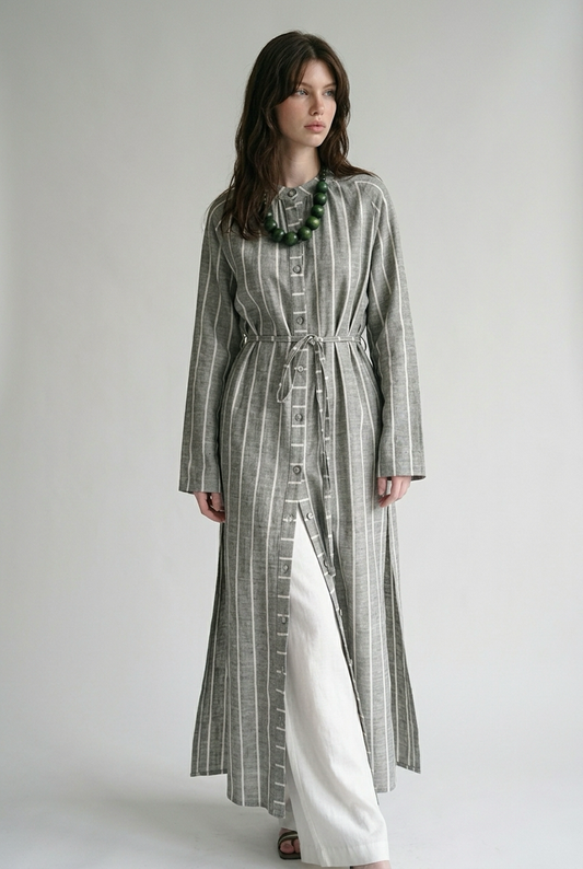 Robe chemise en Lin à rayures avec deux fentes - Gris