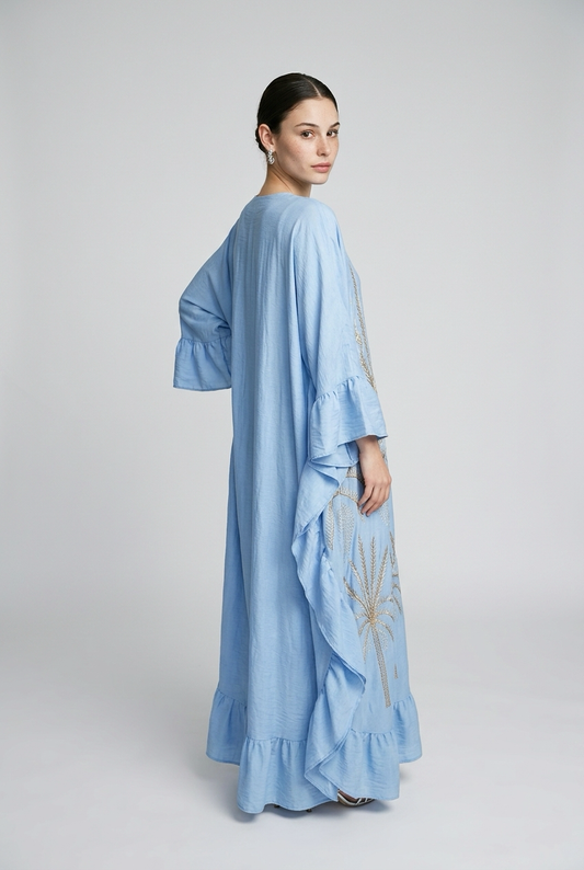 Robe caftan longue brodée motif palmier - Bleu