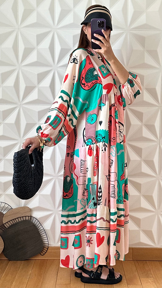 Robe boutonnée à manches ballons et imprimé astre - Rose