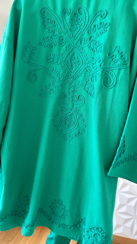 Ensemble kimono brodé et pantalon surpiqué en lin - Vert