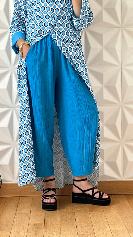 Pantalon texturé coupe barrel - Bleu