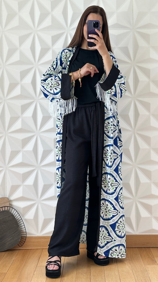 Ensemble Kimono long à manches frangés et pantalon large - Bleu