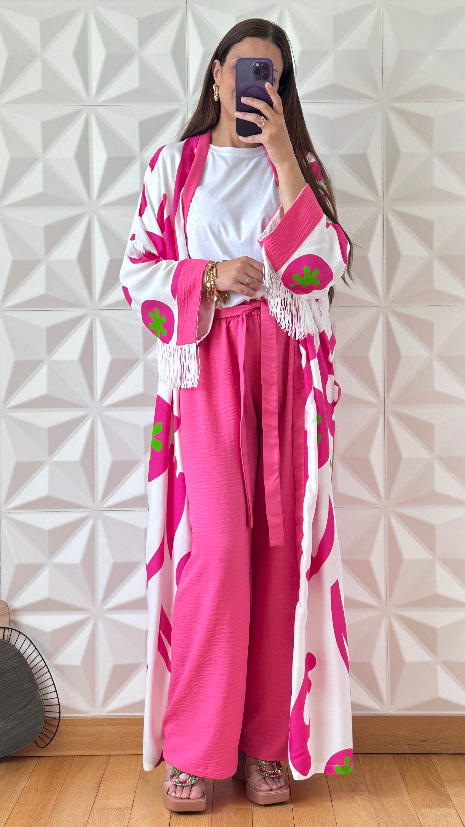 Ensemble Kimono long à manches frangés et pantalon large Rose