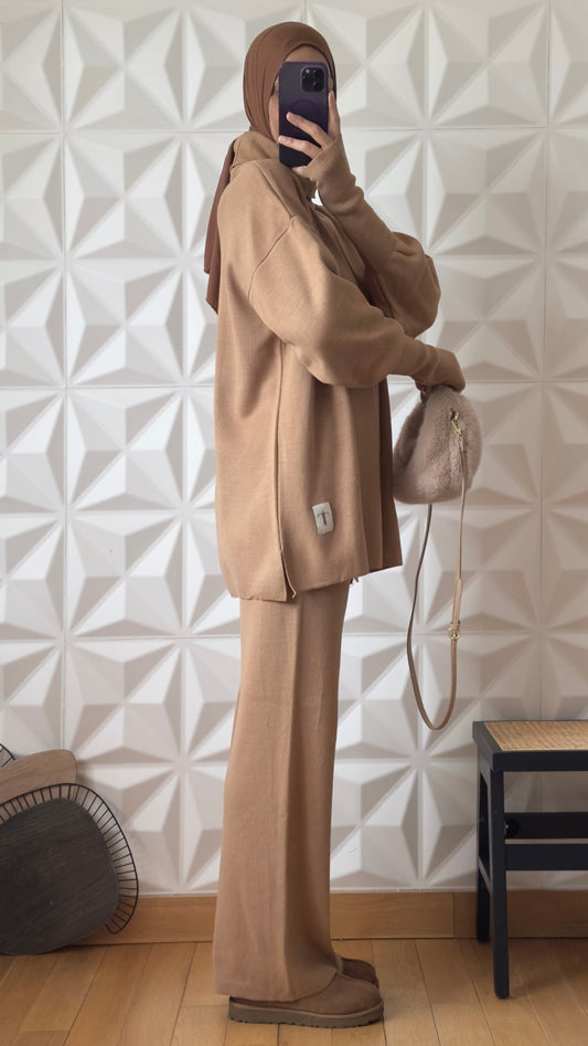Ensemble en maille pantalon et pull à manches mitaines - Camel
