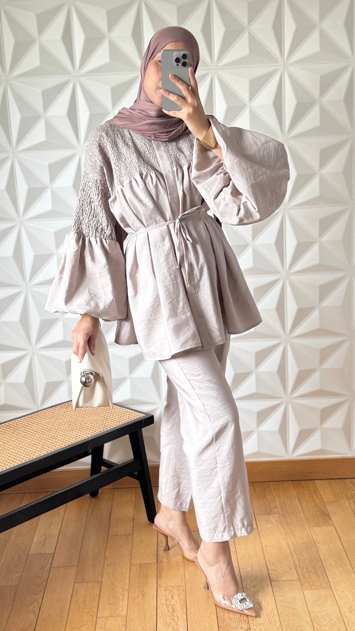 Ensemble Blouse smockée et Pantalon droit slim - Taupe