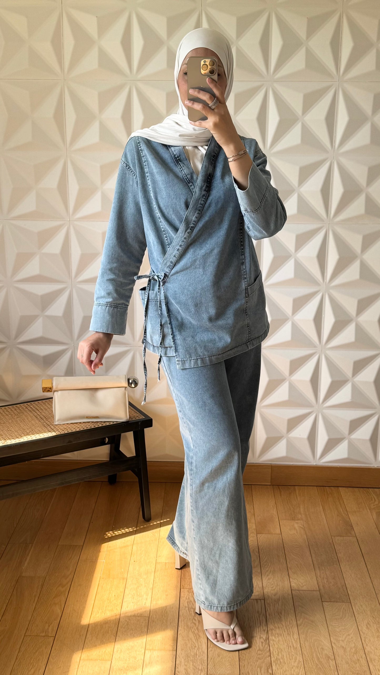 Ensemble veste en jean nouée sur le côté et pantalon large - Bleu moyen