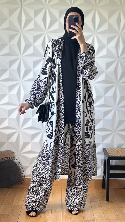 Ensemble Pantalon et Kimono long à imprimé abstrait - Noir et Blanc