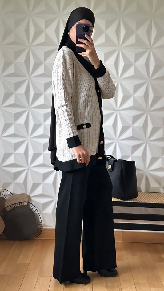 Ensemble pantalon large et Gilet en maille torsadée - Noir