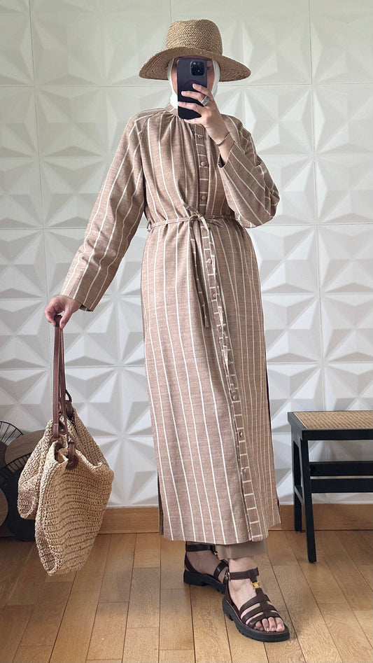 Robe chemise en Lin à rayures avec deux fentes - Biscuit