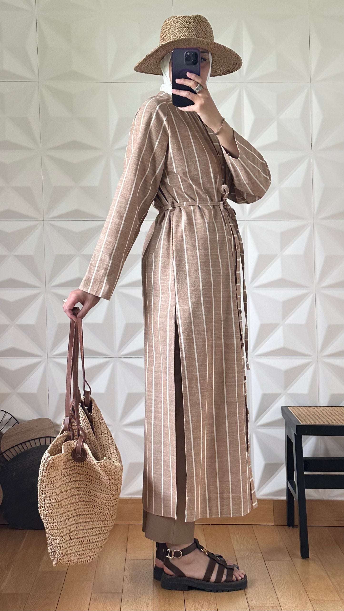 Robe chemise en Lin à rayures avec deux fentes - Biscuit