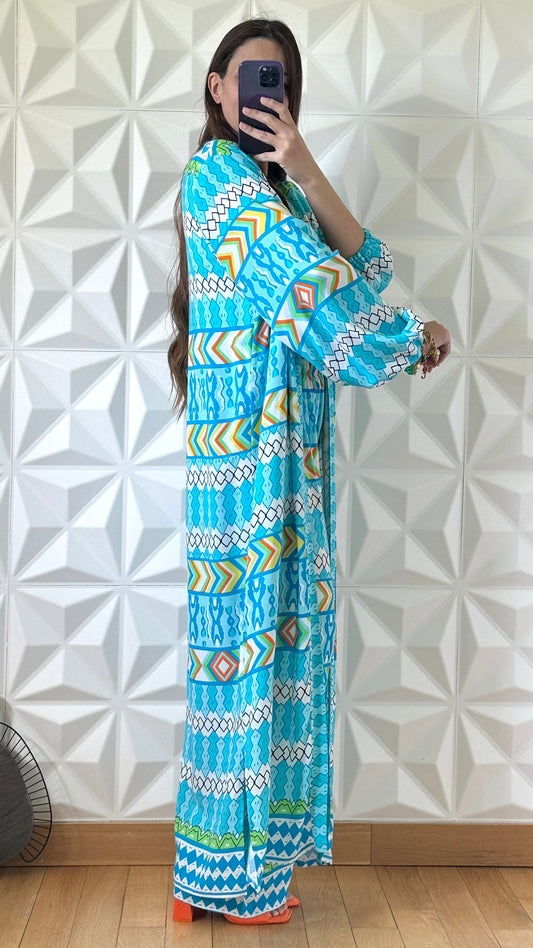 Ensemble Pantalon et Kimono long à imprimé tribal - Bleu azur