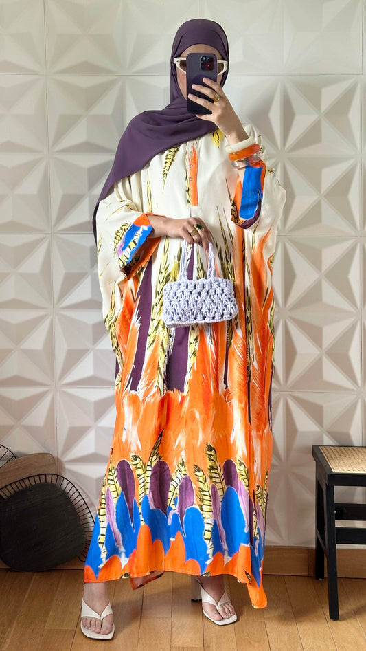 Robe caftan oversize à imprimé Plume - Crème