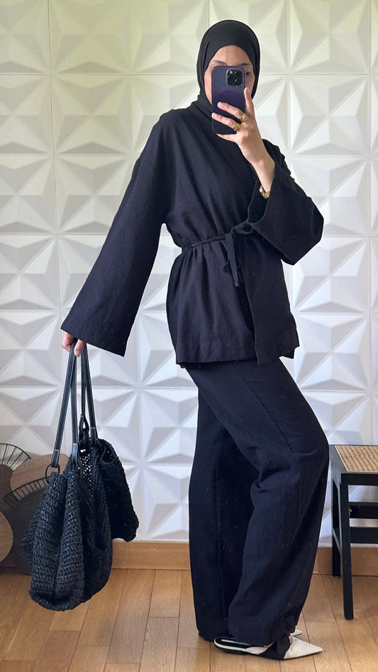 Ensemble avec blazer croisé noué à la taille et pantalon large - Noir