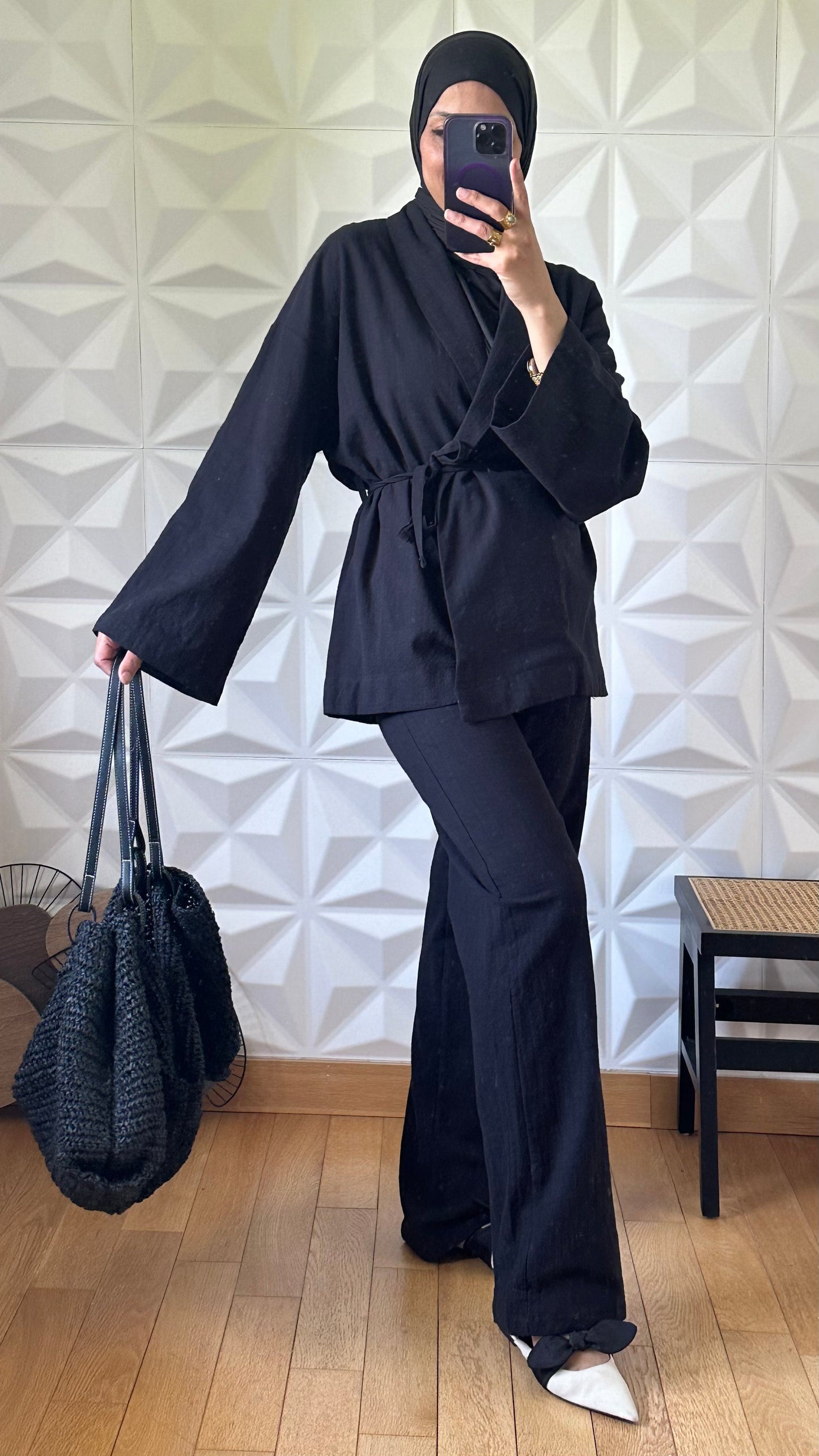 Ensemble avec blazer croisé noué à la taille et pantalon large - Noir
