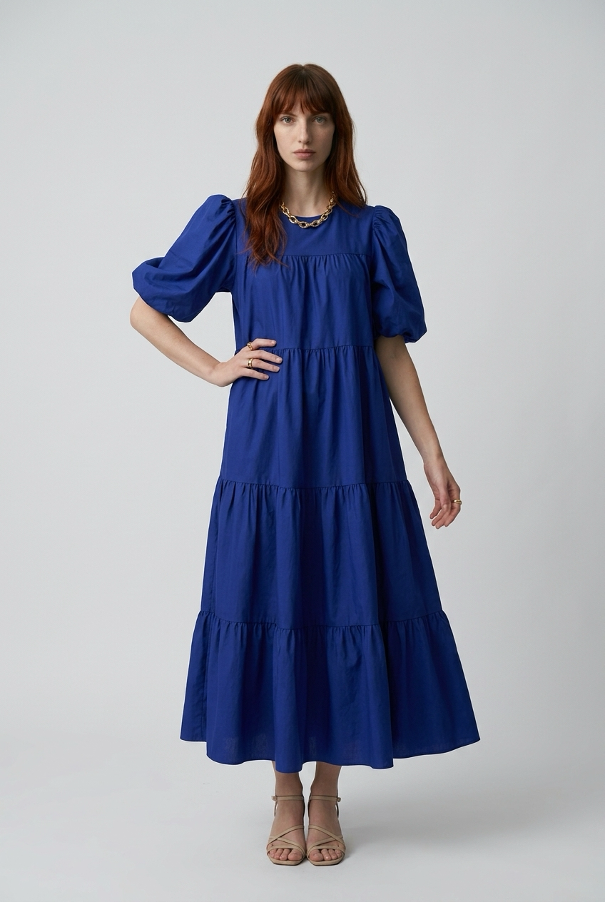 Babydoll dress with short puff sleeves - Blue