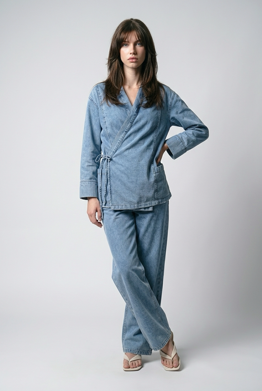 Ensemble veste en jean nouée sur le côté et pantalon large - Bleu moyen