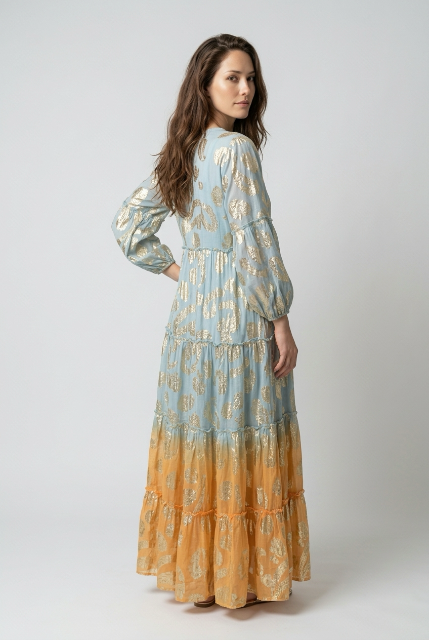 Robe style bohème avec manches bouffantes et Liens à pompon - Bleu et Orange