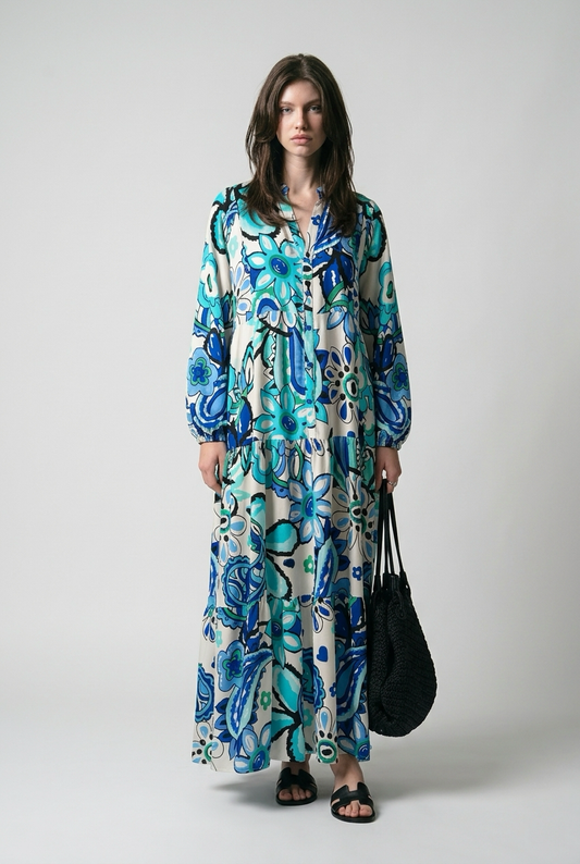 Robe boutonnée à manches ballon et imprimé fleurs - Bleu