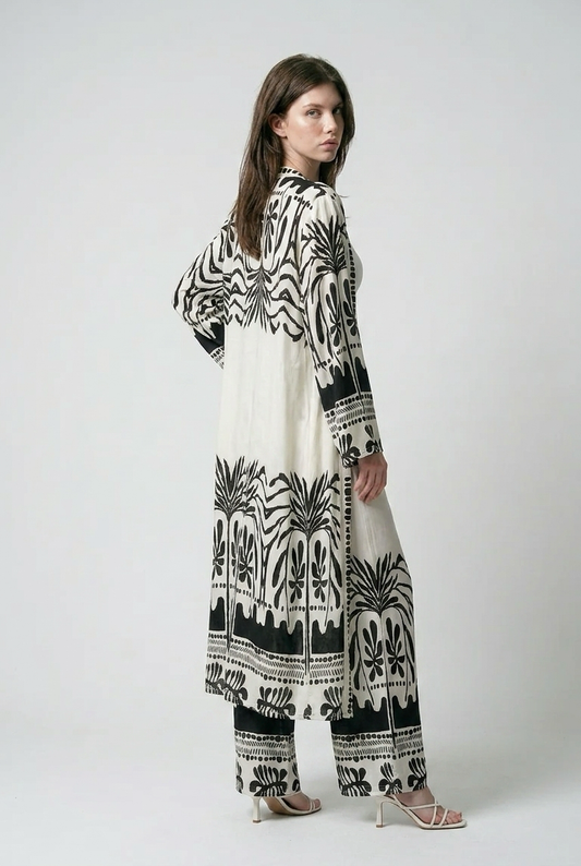 Ensemble kimono long et pantalon large a motif olivier - Noir