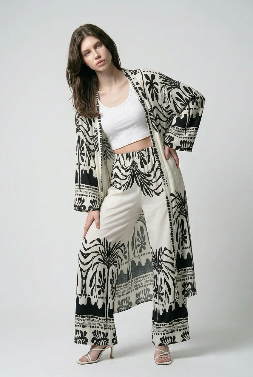 Ensemble kimono long et pantalon large a motif olivier - Noir