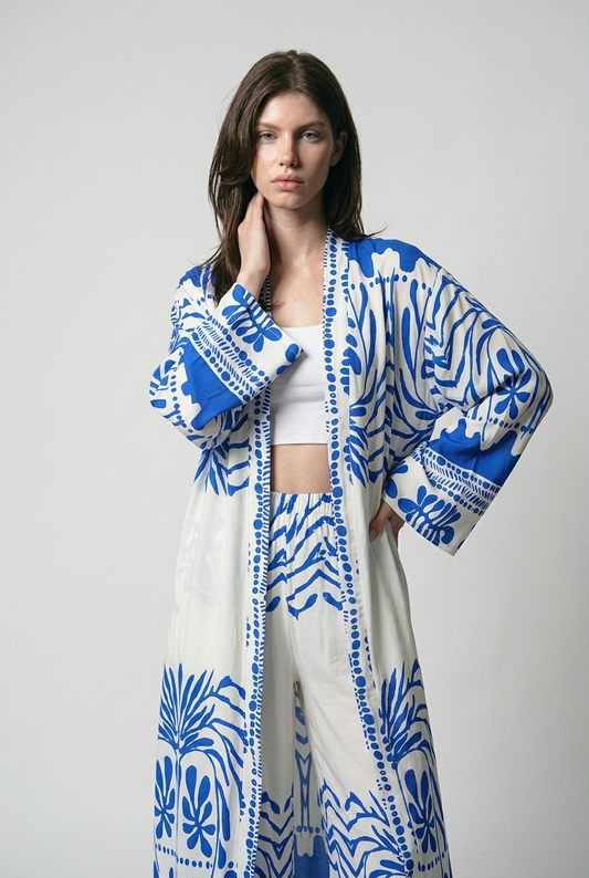 Ensemble kimono long et pantalon large a motif olivier - Bleu