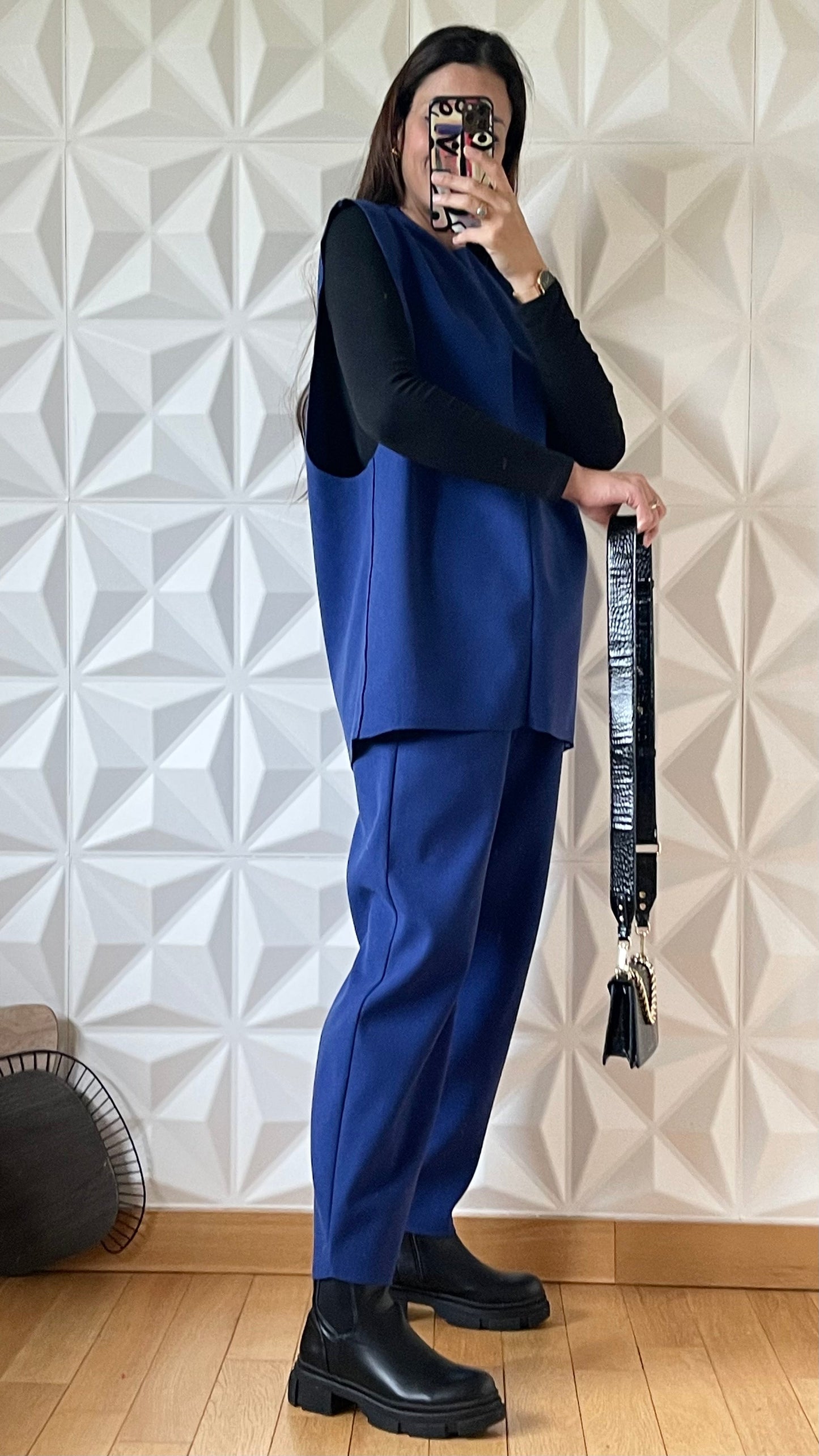 Ensemble en feutre sans manches et pantalon coupe carotte - Bleu