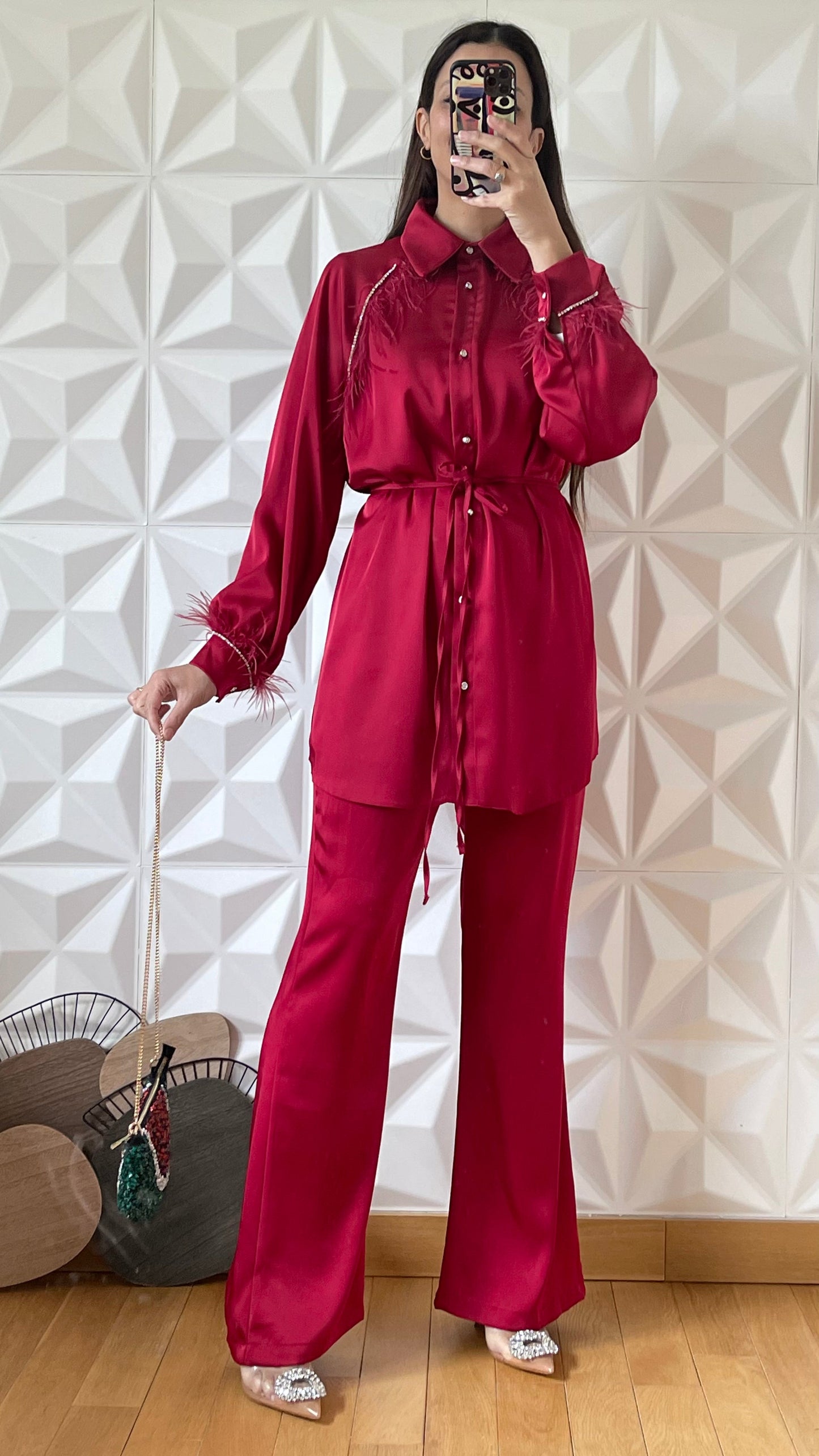 Satin Feather Embellished Shirt & Wide Leg Pants Co-ord - Intense Red