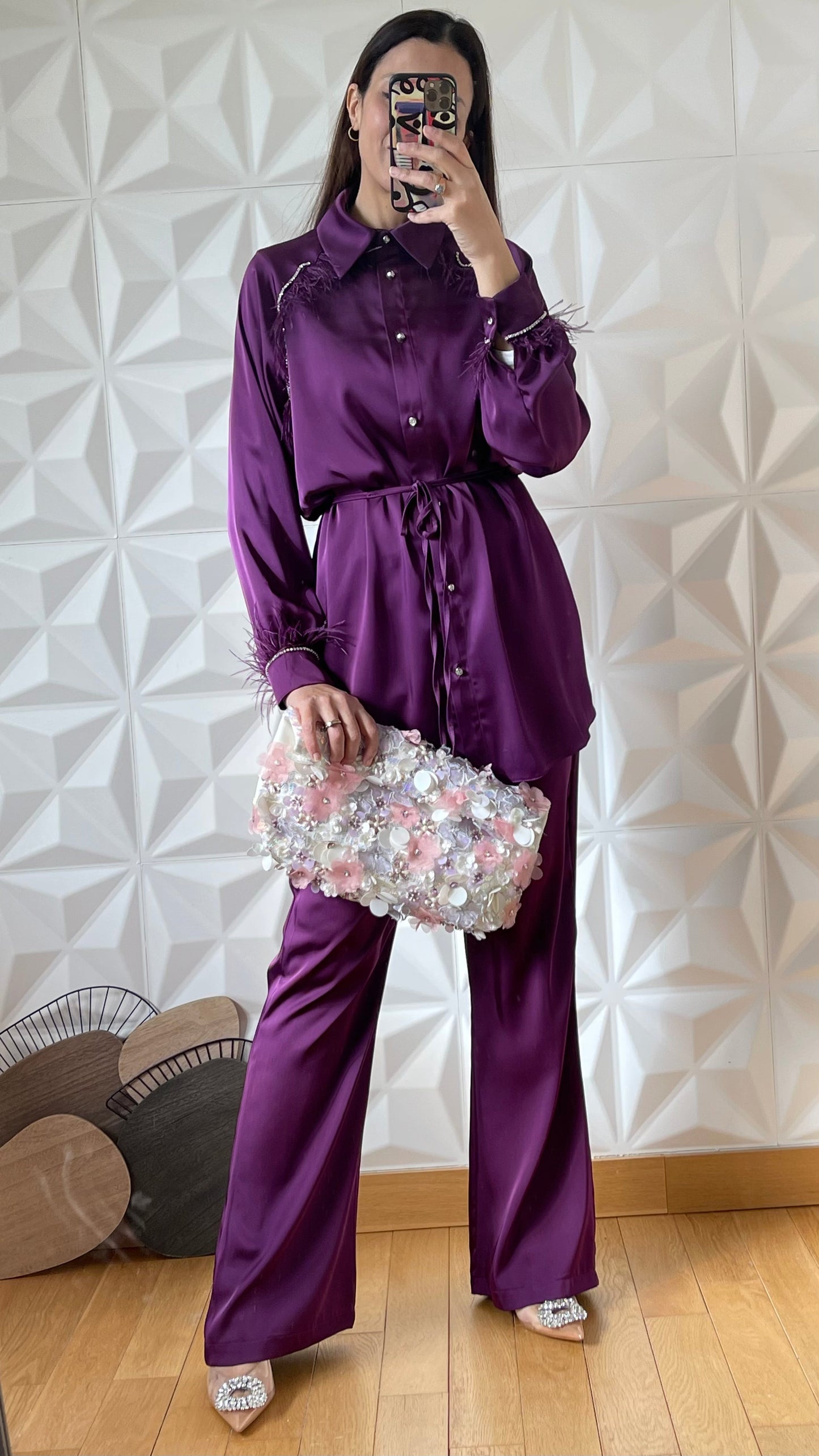 Satin Feather Embellished Shirt & Wide Leg Pants Co-ord - Intense Purple