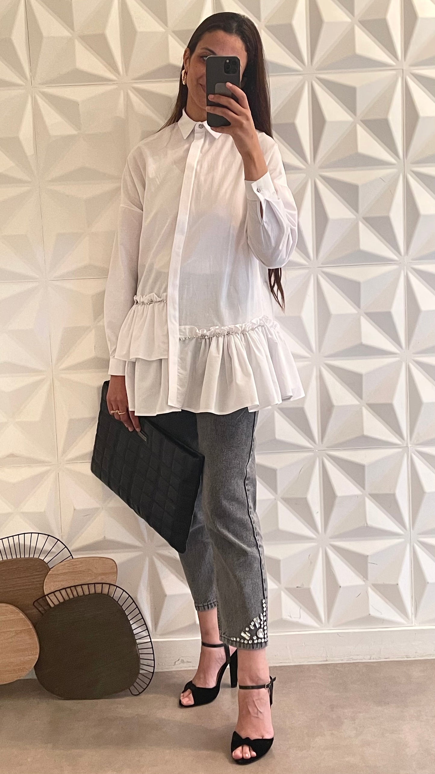 Chemise à volants ornée de perles - Blanc