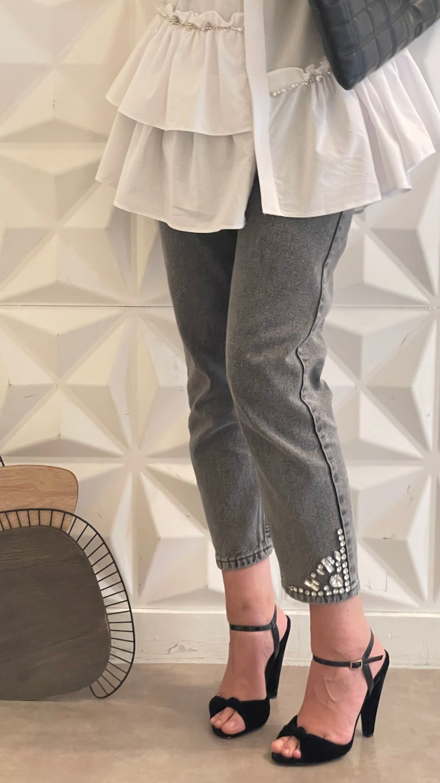 Jean mom taille haute avec ornements - Noir Délavé