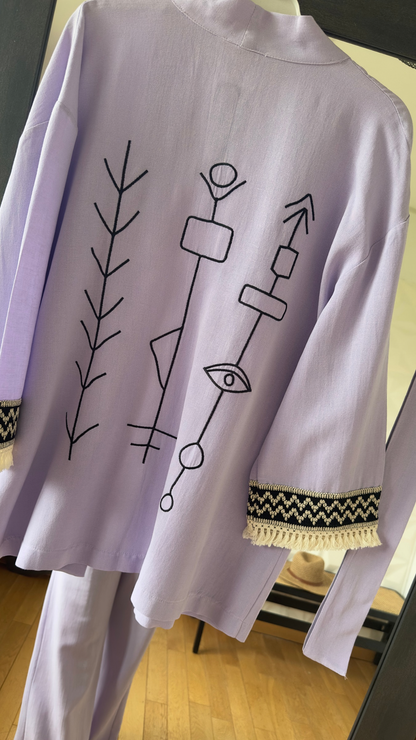 Ensemble Pantalon bouffant et Kimono en Lin avec broderie tribal - Lilas