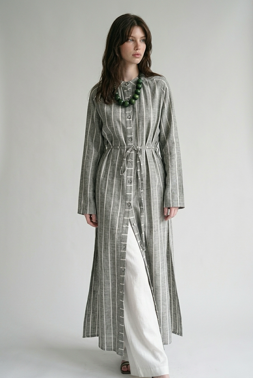 Robe chemise en Lin à rayures avec deux fentes - Gris