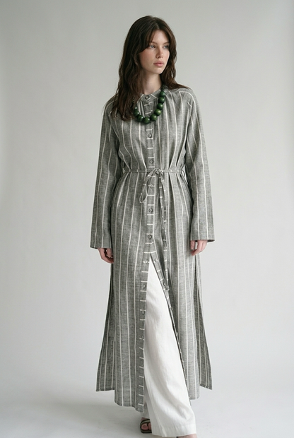 Robe chemise en Lin à rayures avec deux fentes - Gris