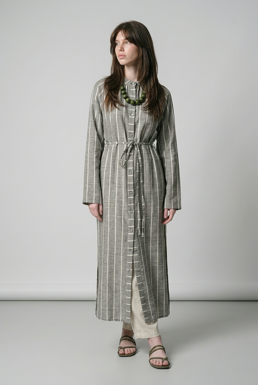 Robe chemise en Lin à rayures avec deux fentes - Gris