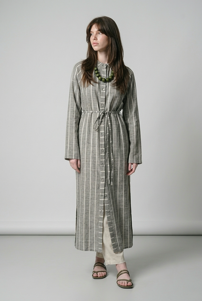 Robe chemise en Lin à rayures avec deux fentes - Gris