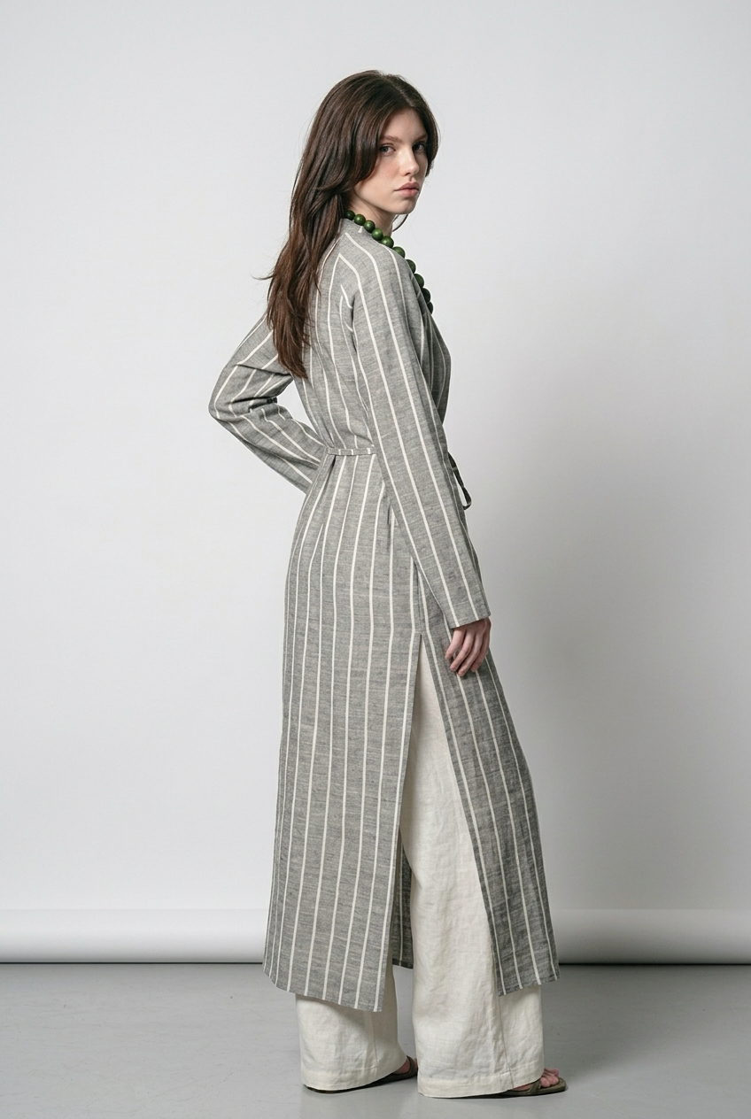 Robe chemise en Lin à rayures avec deux fentes - Gris