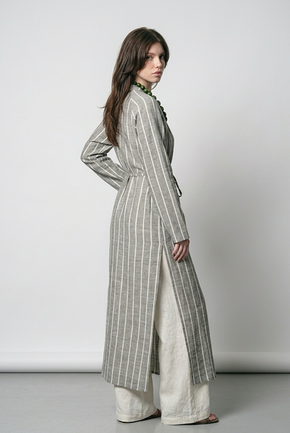 Robe chemise en Lin à rayures avec deux fentes - Gris