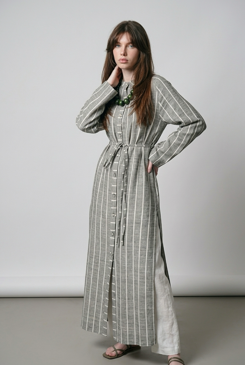 Robe chemise en Lin à rayures avec deux fentes - Gris