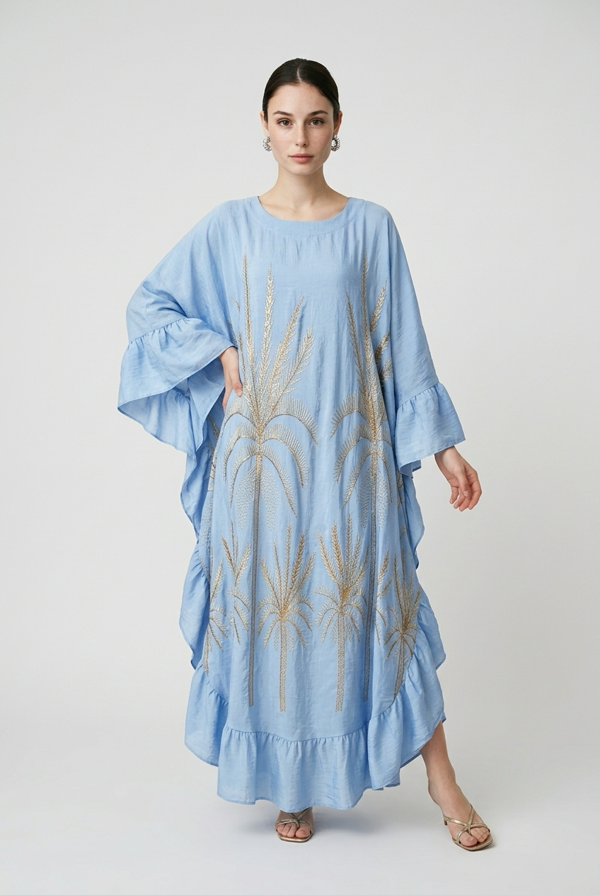 Robe caftan longue brodée motif palmier - Bleu