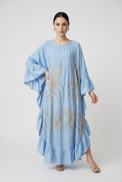 Robe caftan longue brodée motif palmier - Bleu