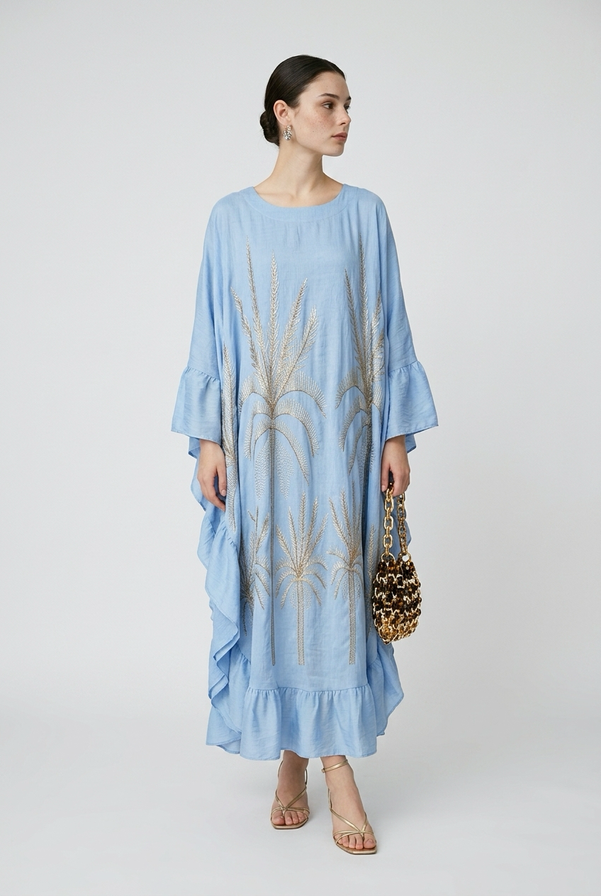 Robe caftan longue brodée motif palmier - Bleu