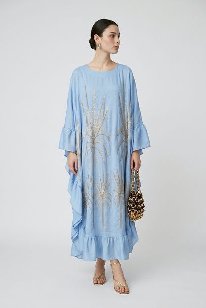Robe caftan longue brodée motif palmier - Bleu