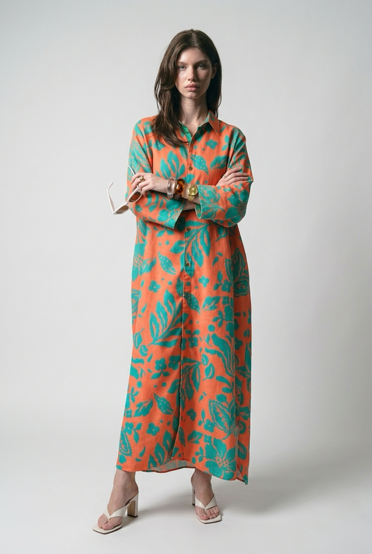 Robe chemise en lin - Mandarine