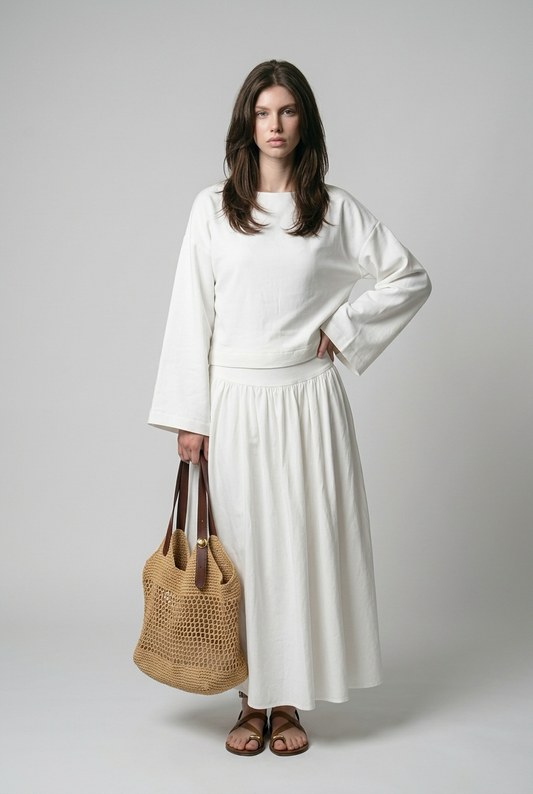 Ensemble Lin crop top coupe carrée et Jupe longue à taille basse - Blanc