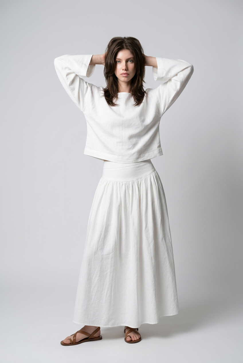 Ensemble Lin crop top coupe carrée et Jupe longue à taille basse - Blanc