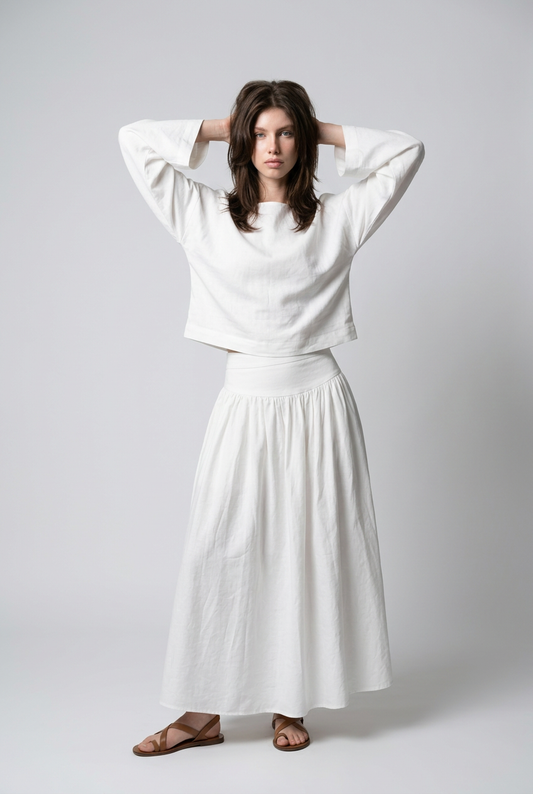 Ensemble Lin crop top coupe carrée et Jupe longue à taille basse - Blanc