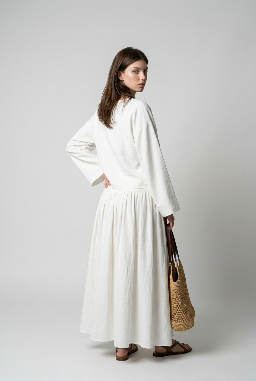 Ensemble Lin crop top coupe carrée et Jupe longue à taille basse - Blanc