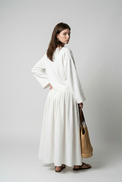 Ensemble Lin crop top coupe carrée et Jupe longue à taille basse - Blanc