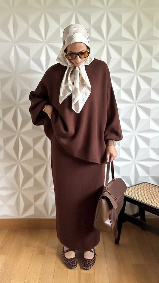 Ensemble pull oversize et jupe trapèze en maille - Chocolat