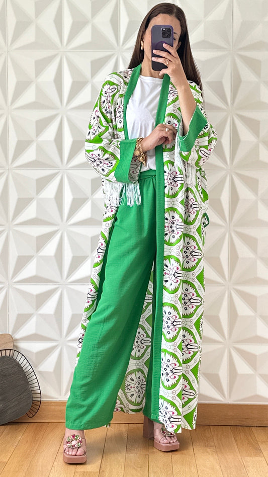 Ensemble Kimono long à manches frangés et pantalon large - Vert